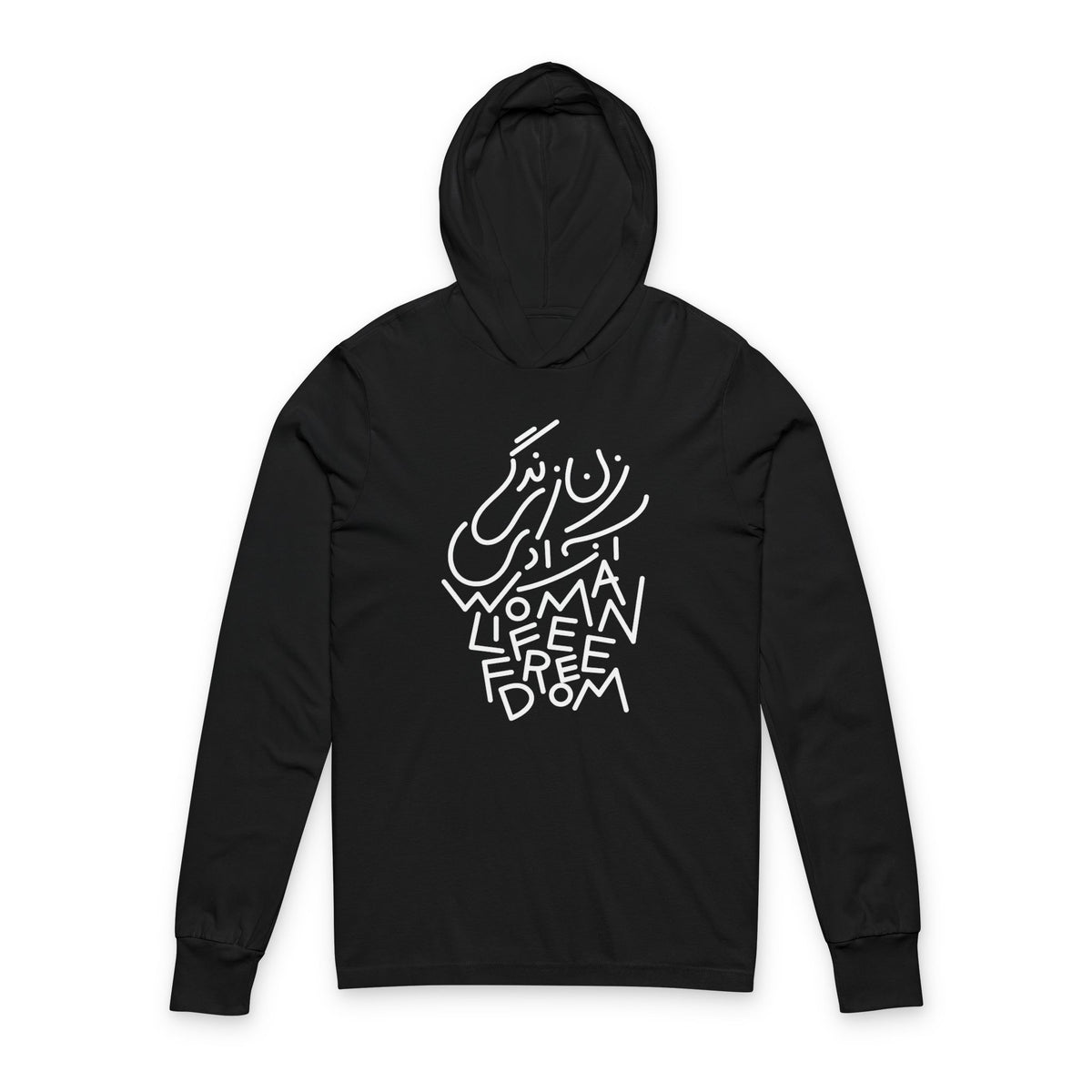 Woman, Life, Freedom Hoodie Tee — Feminist Calligraphy Long-Sleeve Hooded Shirt