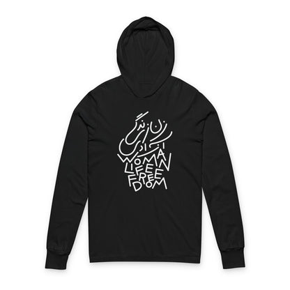 Woman, Life, Freedom Hoodie Tee — Feminist Calligraphy Long-Sleeve Hooded Shirt