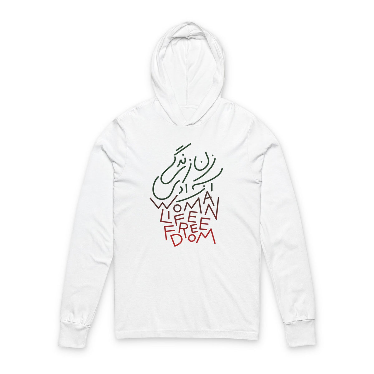 Hooded Long Sleeve Tee — "Woman Life Freedom" Persian Calligraphy