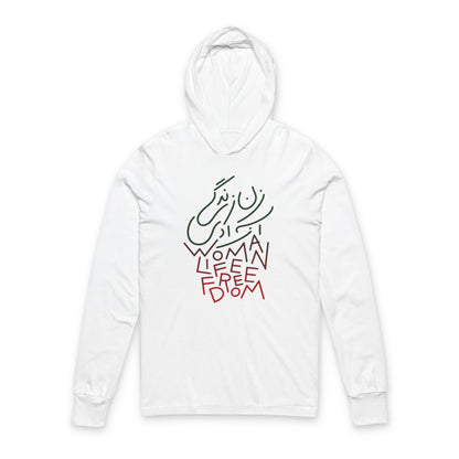 Hooded Long Sleeve Tee — "Woman Life Freedom" Persian Calligraphy